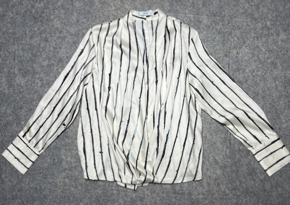Mango Women's Long Sleeve Striped Print Wrap Blouse White Size Medium
